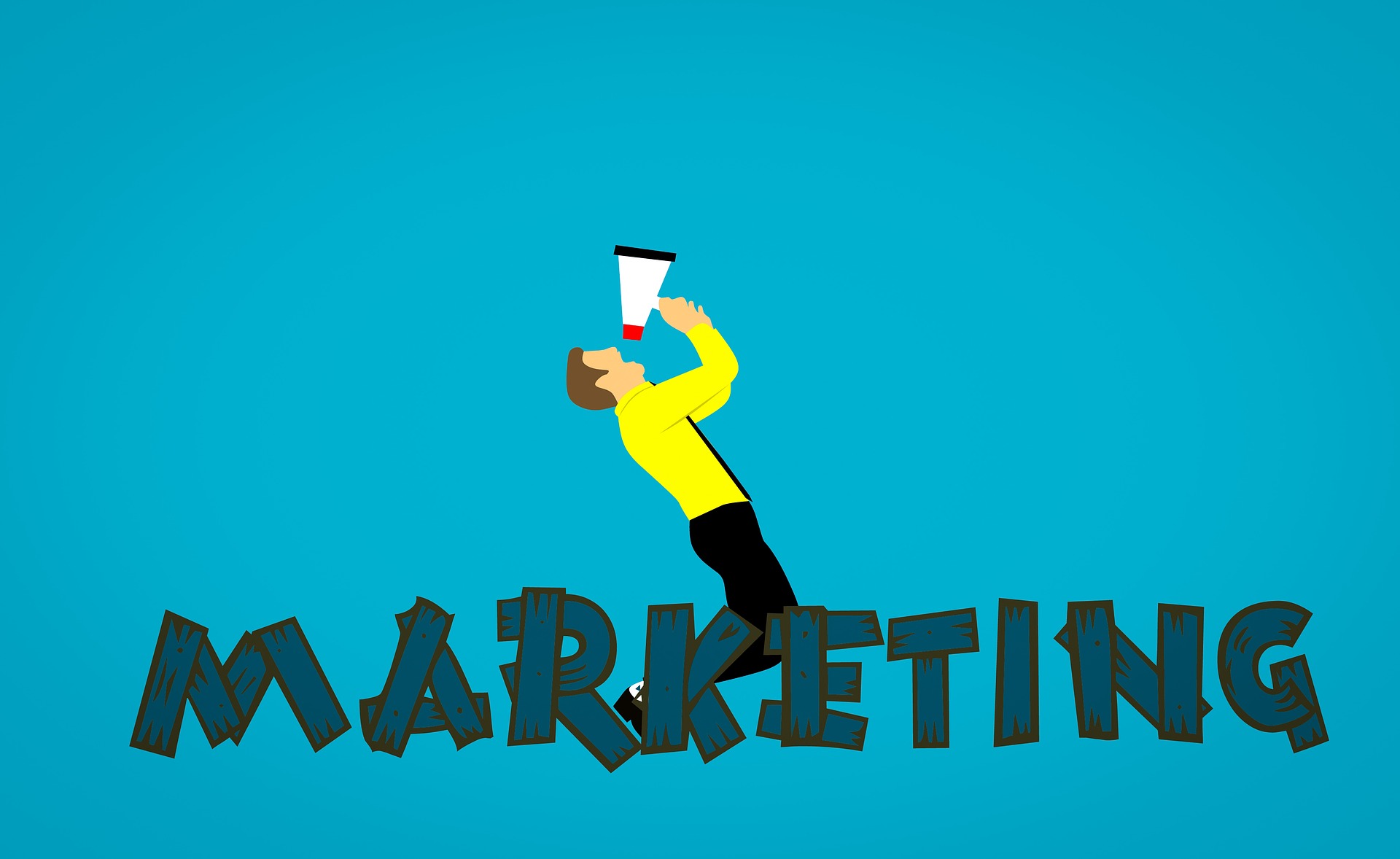 digital marketing Graphic of a man with speakerphone, with letters marketing at the bottom.