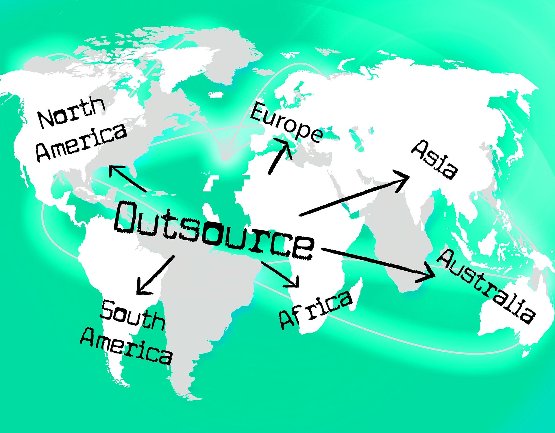 outsourcing for your small business - World map with outsource text with all the continents. 